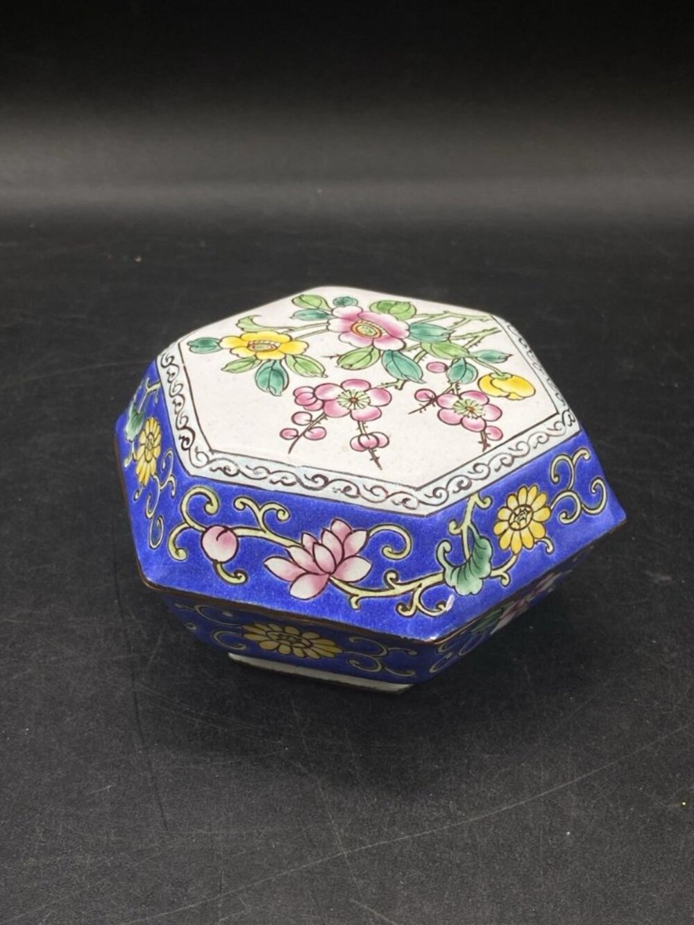 Hexagon Enamel Trinket Box Hand Painted Metal Book Designs Knobler 6 Sides READ - Picture 8 of 12